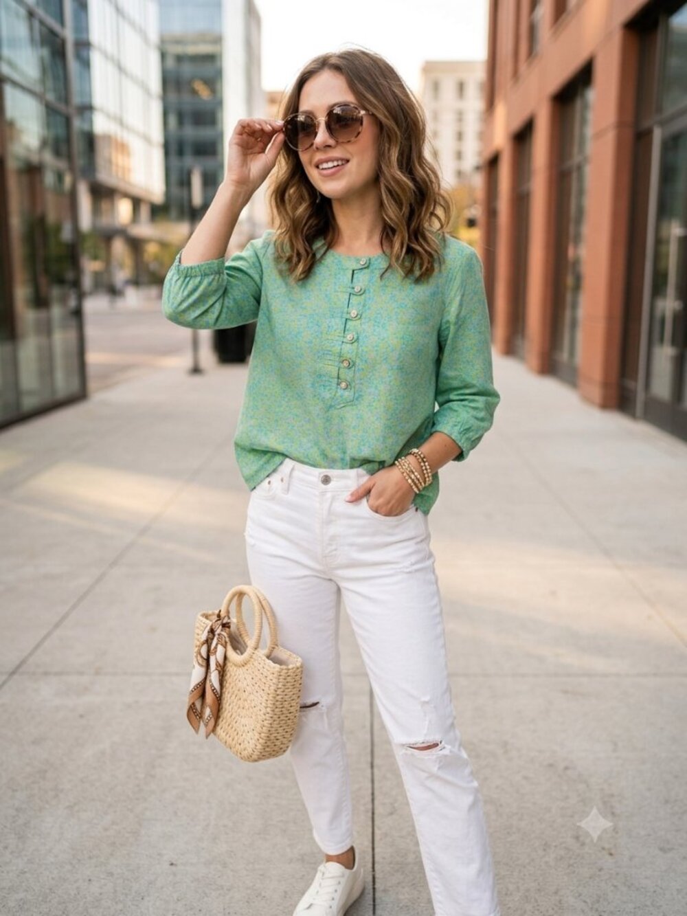 Gramicci Rayon Granola Girl Button Front Henley Blouse Green Floral Size S Tunic